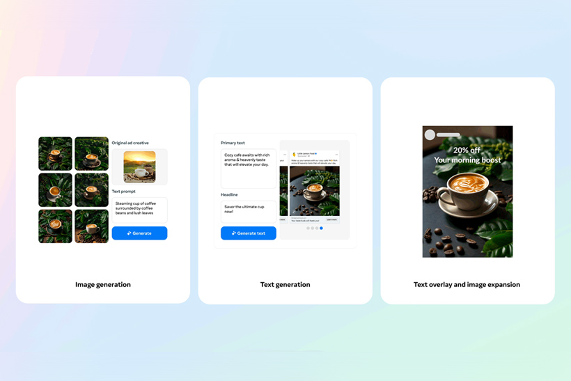 Collage of Meta's AI ad creation tools