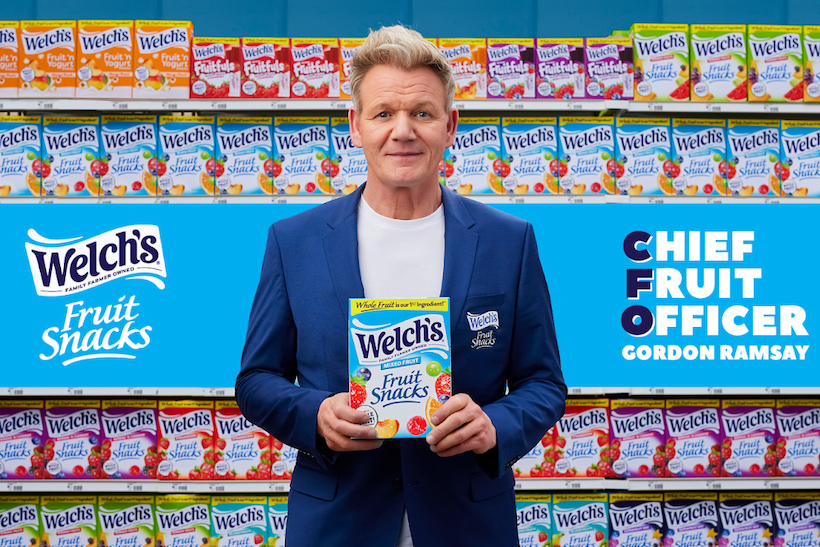 Gordon Ramsay holding box of Welch's Fruit Snacks