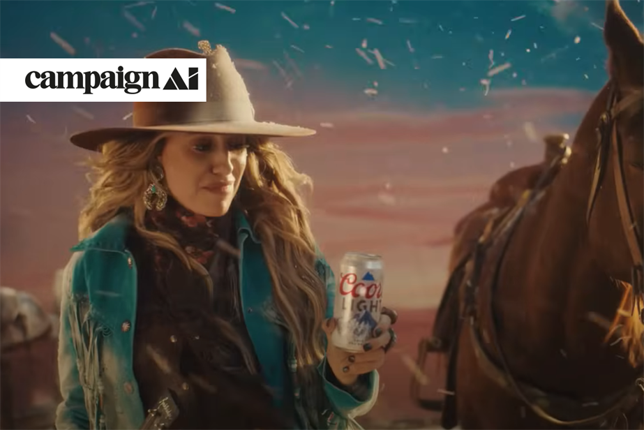 Coors beer ad with woman standing next to horse looking at a can of the beer